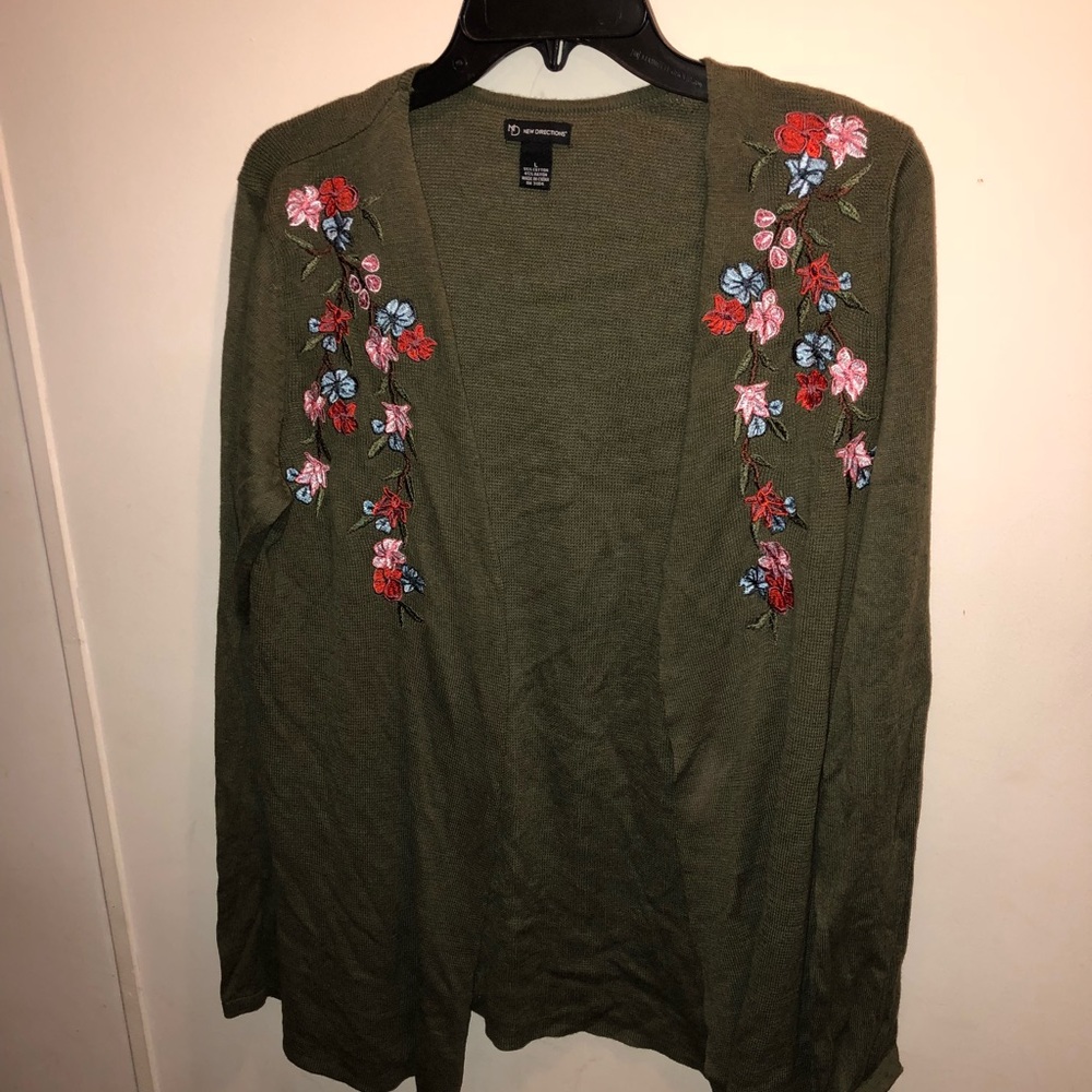 New Directions Green Cardigan with Flowers